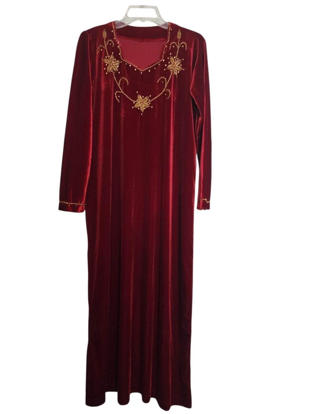 Hand Crafted Red Velvet Long Sleeve Maxi Dress with Gold Embroidery SZ XL